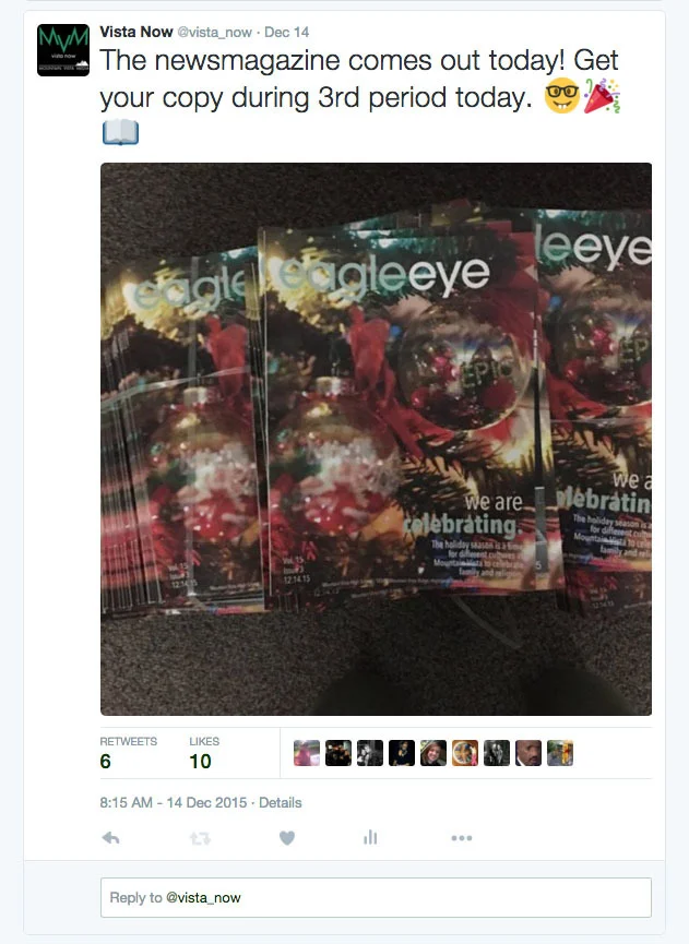 Whenever the newsmagazine comes out, we release an advertisement on Twitter and Instagram to encourage students to grab a copy and read it or take it home.