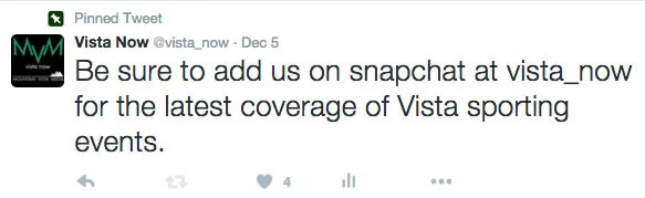 Because we have substantially more Twitter followers than we have Snapchat friends, I thought it would be a good idea to tweet out our Snapchat handle to encourage everyone to follow us on every platform. I used Twitter’s setting to pin a tweet to consistently keep this one at the top of our feed.