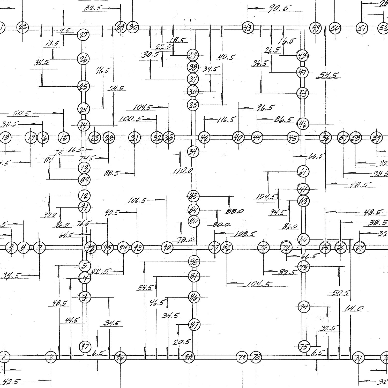 Grid diagram with numbers indicating measurements, circles at intersections, and connecting lines.