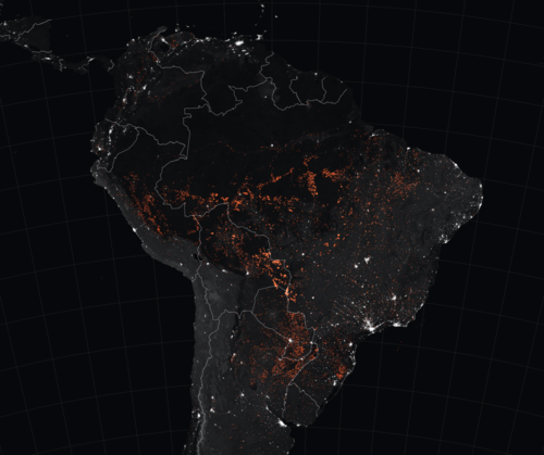 2019 Amazon Rainforest Wildfires - marked in orange - which were detected by MODIS from August 15 to August 22, 2019. Image & caption from Wikipedia 2019-09-24