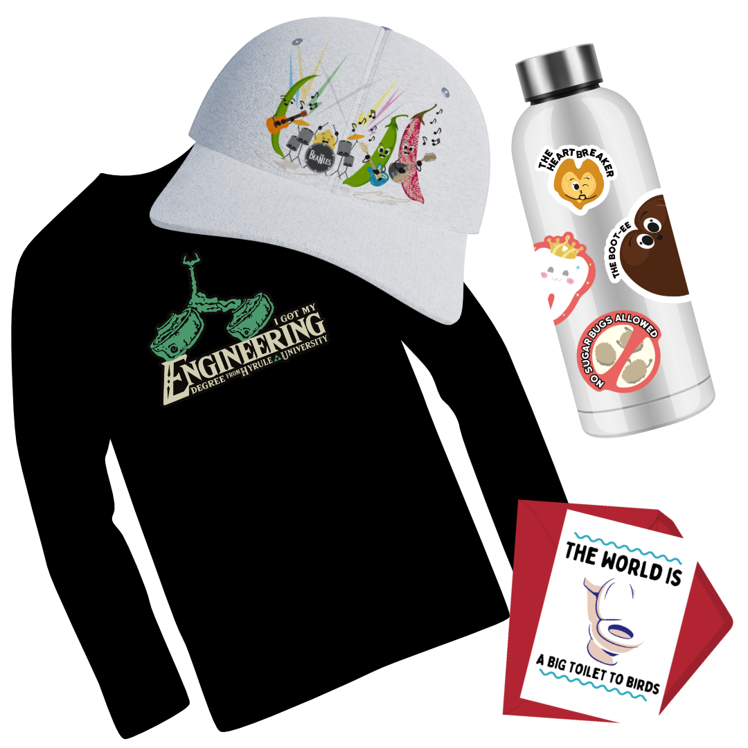 Assortment of shirts, hats and stickers from redbubble store