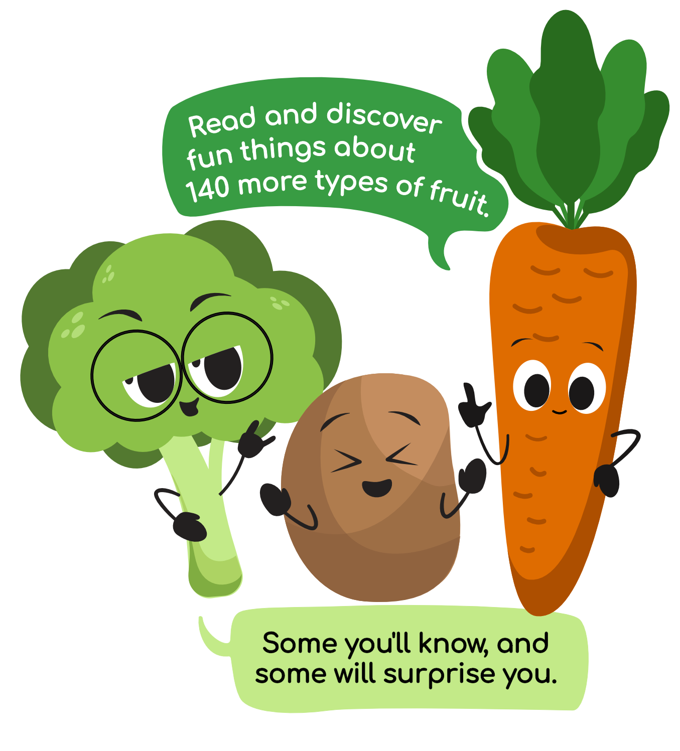 Cartoon Broccoli talking to cartoon potato and cartoon carrot, "