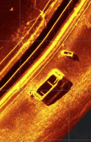 Sidescan image of the Blackwall Reach Barge from this sidescan run, as printed in Sail, Steam and Storms (2019)