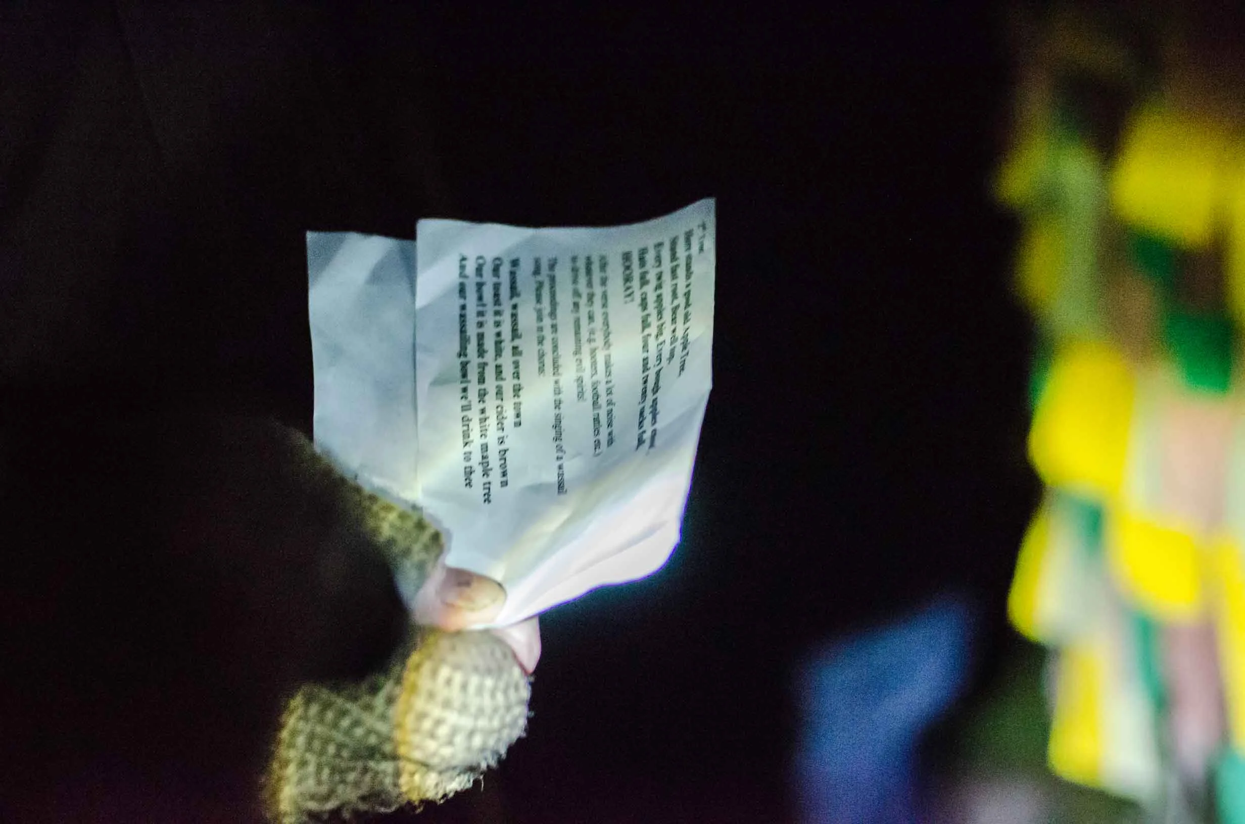 Lyrics by torchlight: singing the Wassailing song.