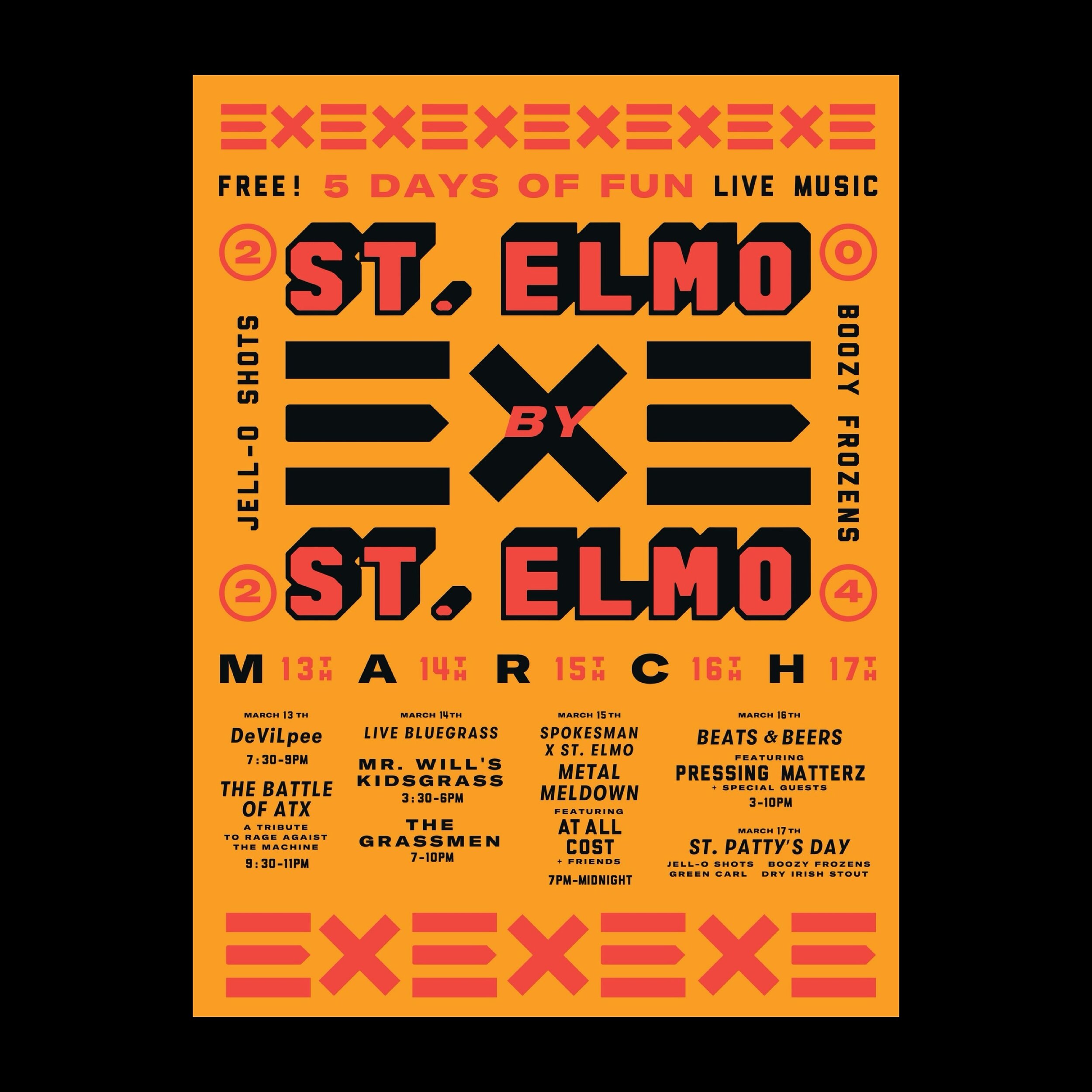 ❌❌ST ELMO X ST ELMO starts today❌❌

Join us all week long for free, live shows in the beer garden and taproom. 

Plus jello-shots, boozy frozens, n/a drinks, and lots of beer. @pattypalacetx and @spicyboyschicken will be open!

⁣
😈MARCH 13:⁣
DeViLpe