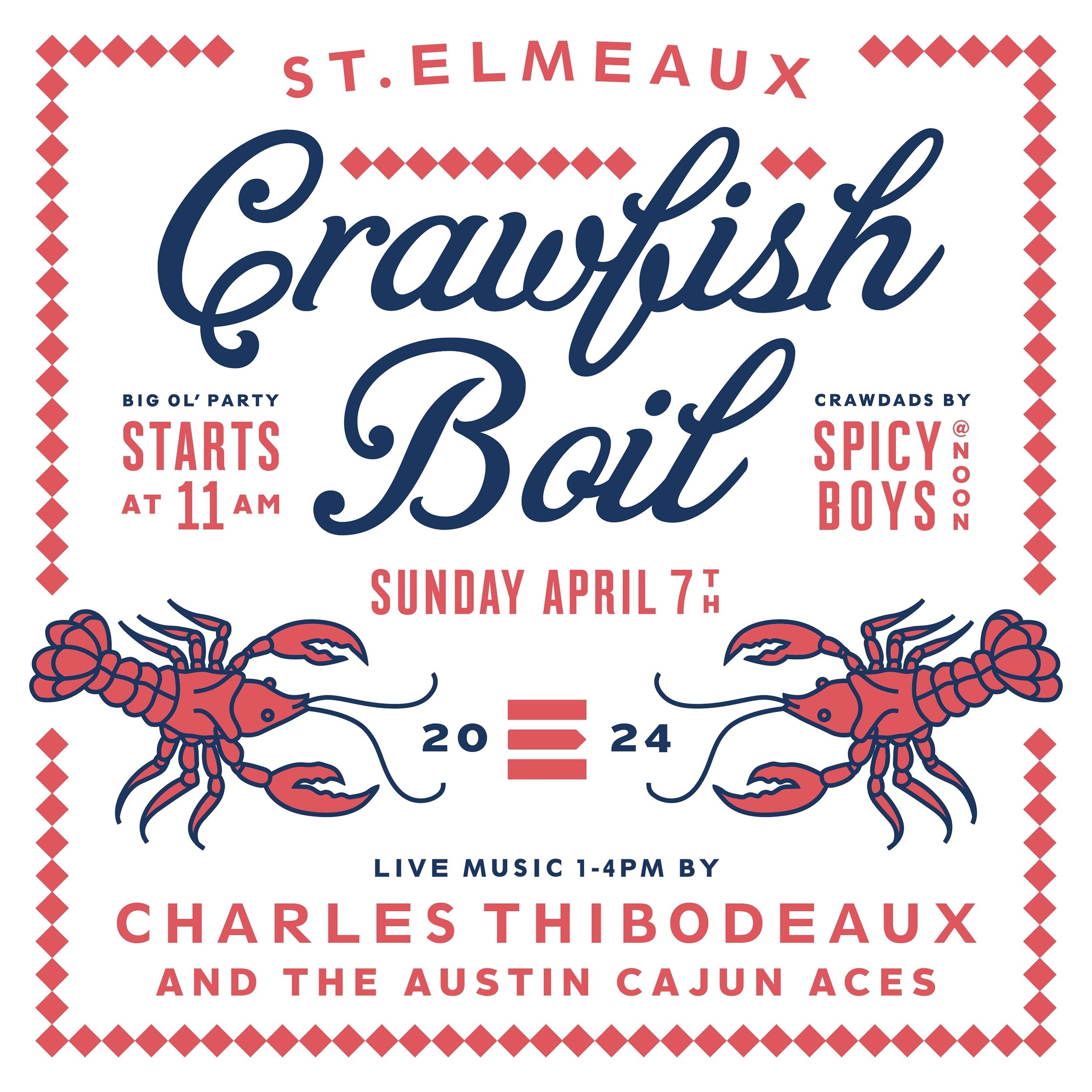 🦞St. Elmeaux Crawfish Boil🦞

Spicy Boys is fixing up some spicy crawfish and fixins!
$25 gets you 2lbs of crawfish + 3lbs of potato, corn and sausage! 🌽🥔

Doors open at 11am and crawfish is available until it&rsquo;s sold out.

🎶Music by Charles