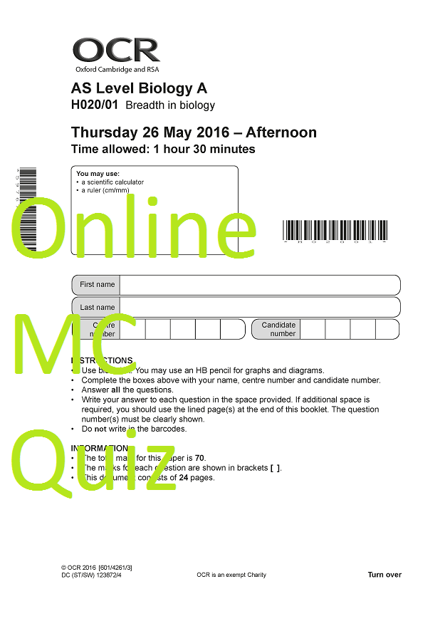 OCR AS Level Biology A H020/01 Breadth in biology May 2016 - revision quiz