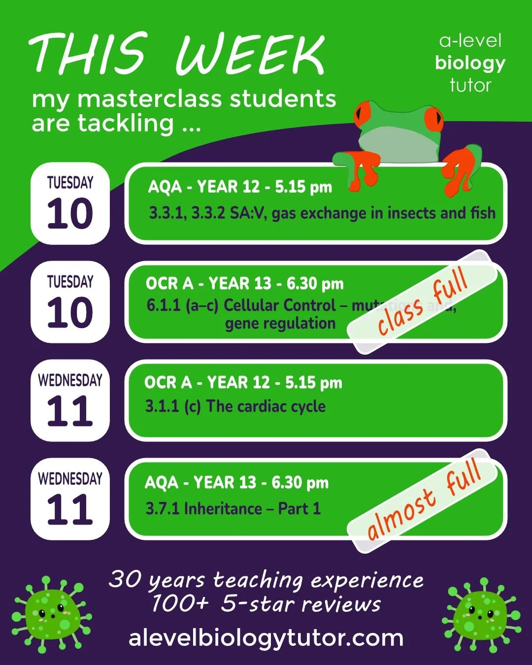 Some important topics this week. Book online to join us and get access to the video recordings for later revision
#ALevelBiology #biologyexam 
#BiologyRevision #aqabiology #ocrbiology