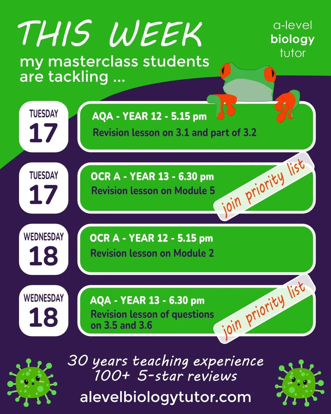 This week in our A-Level Biology Masterclasses 👇

Year 12 and Year 13 students are working through key specification content in small, focused groups &mdash; building exam technique as we go.

Some groups are now full, and others have limited spaces