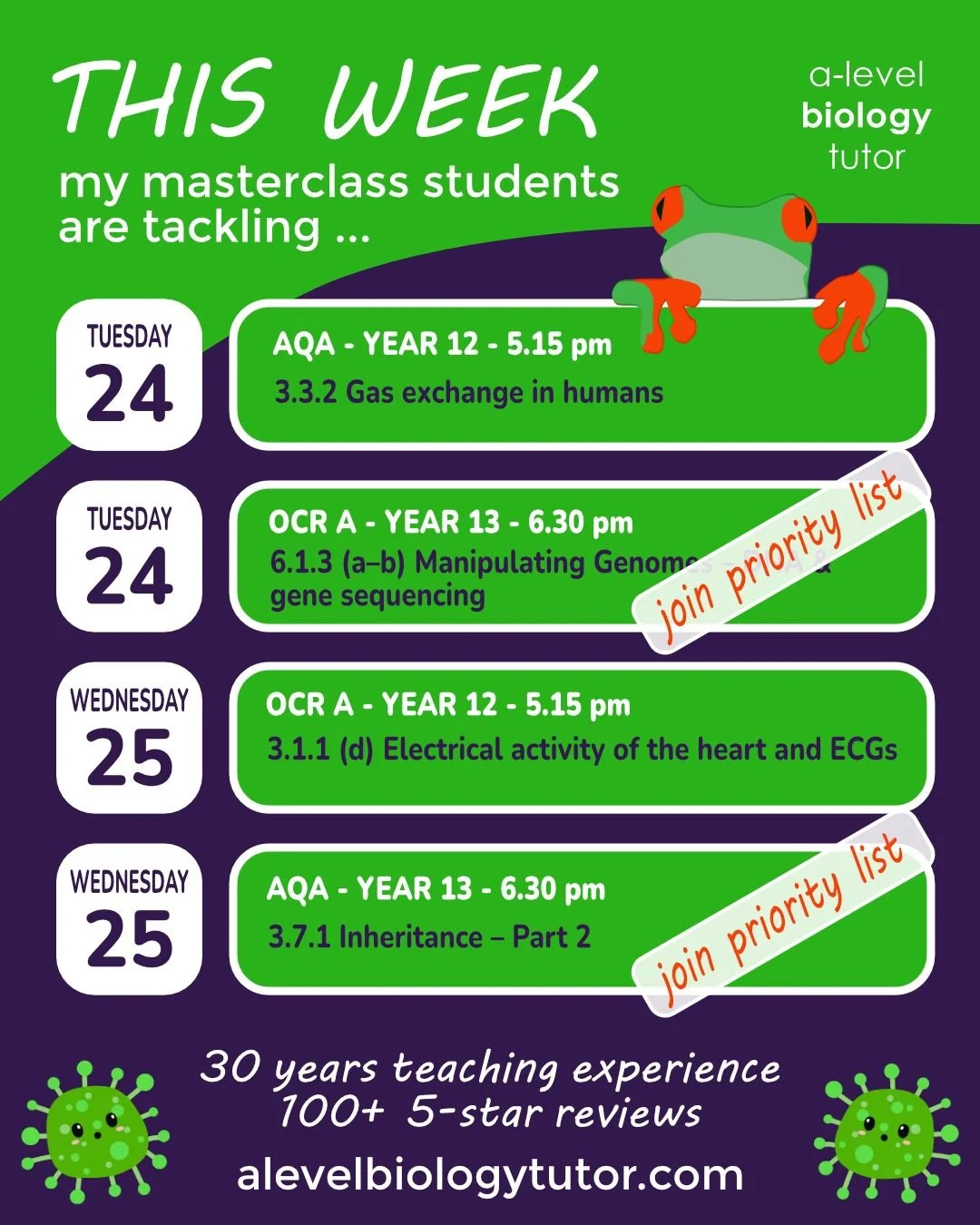 This week's classes! Year 12  groups will get busier from now up to the exams so join now to secure your place. And if you want to join a Year 13 group, please get in touch to discuss.

👨&zwj;🏫 over 30 years experience teaching A level biology
💡 c