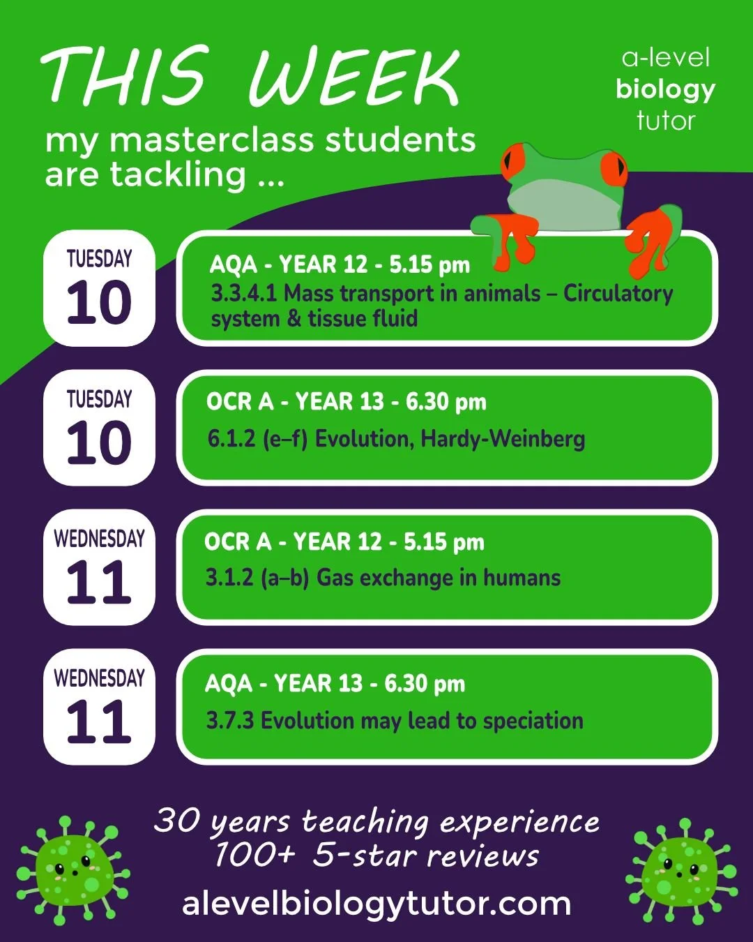 Get in touch if you want to join any of my classes - some are full but spaces do pop up and you can be first in line to join. Things will be getting very busy as we head towards the exams.

#alevelbiology #alevelbiologytutor #alevelbiologyaqa #alevel