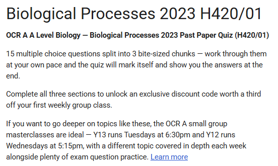 A Level Biology OCR A H420/01 Biological Processes - June 2023 Self Marking Quiz