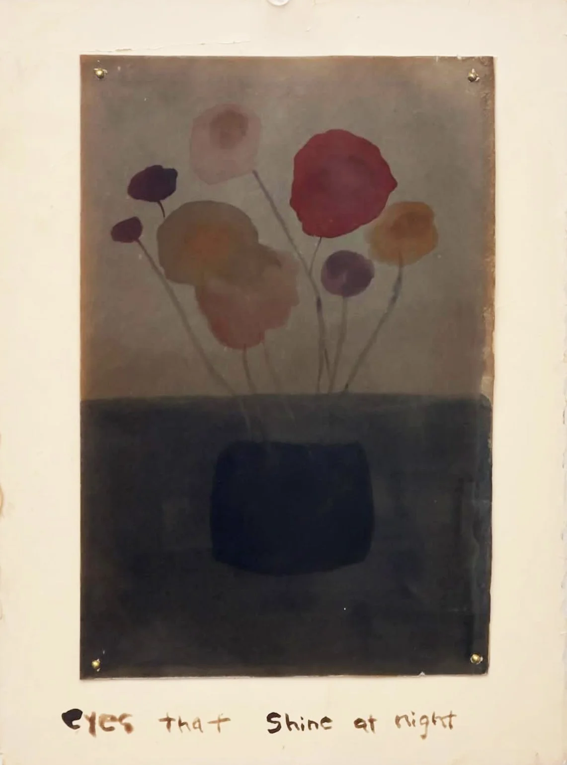  eyes that shine at night  ink and beeswax on found paper mounted to a panel  9 × 6 inches  2025  Text from  The Wonder of Life  by J. Arthur Thompson 1916 