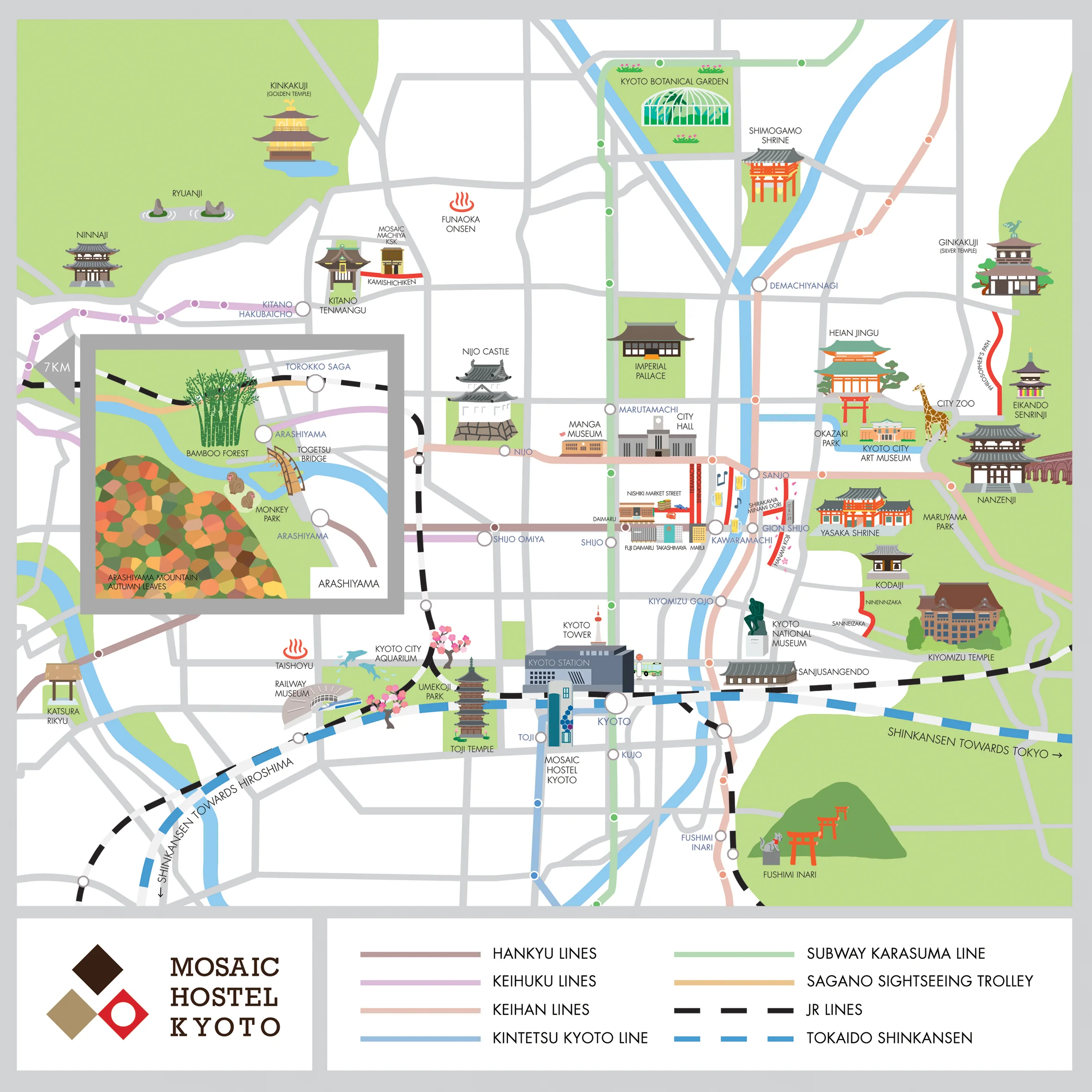 Map of Kyoto for Mosaic Hostel Kyoto