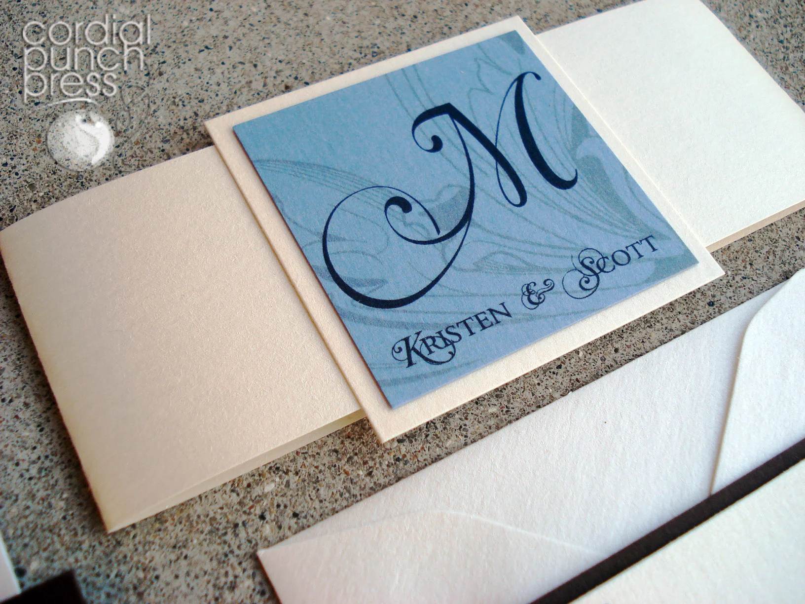 Blue, Ivory & Brown Flourish Formal Layered Wedding Invitation