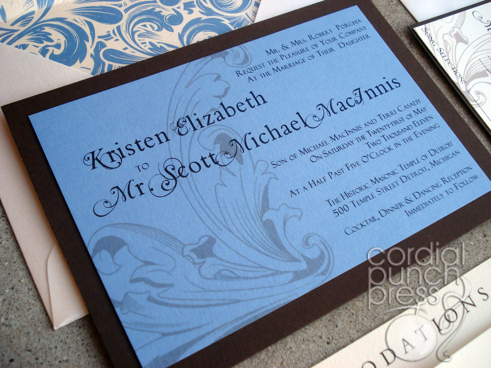Blue, Ivory & Brown Flourish Formal Layered Wedding Invitation