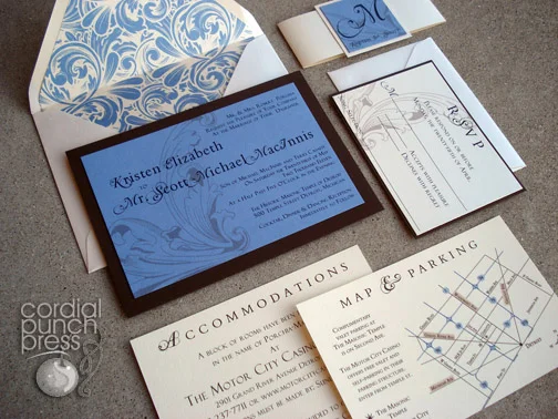 Blue, Ivory & Brown Flourish Formal Layered Wedding Invitation