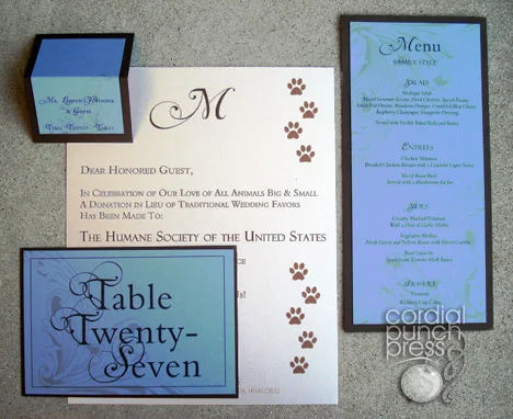 Blue, Ivory & Brown Flourish Formal Layered Reception Table Number, Menu, Place Card, In Lieu of Favors Sign