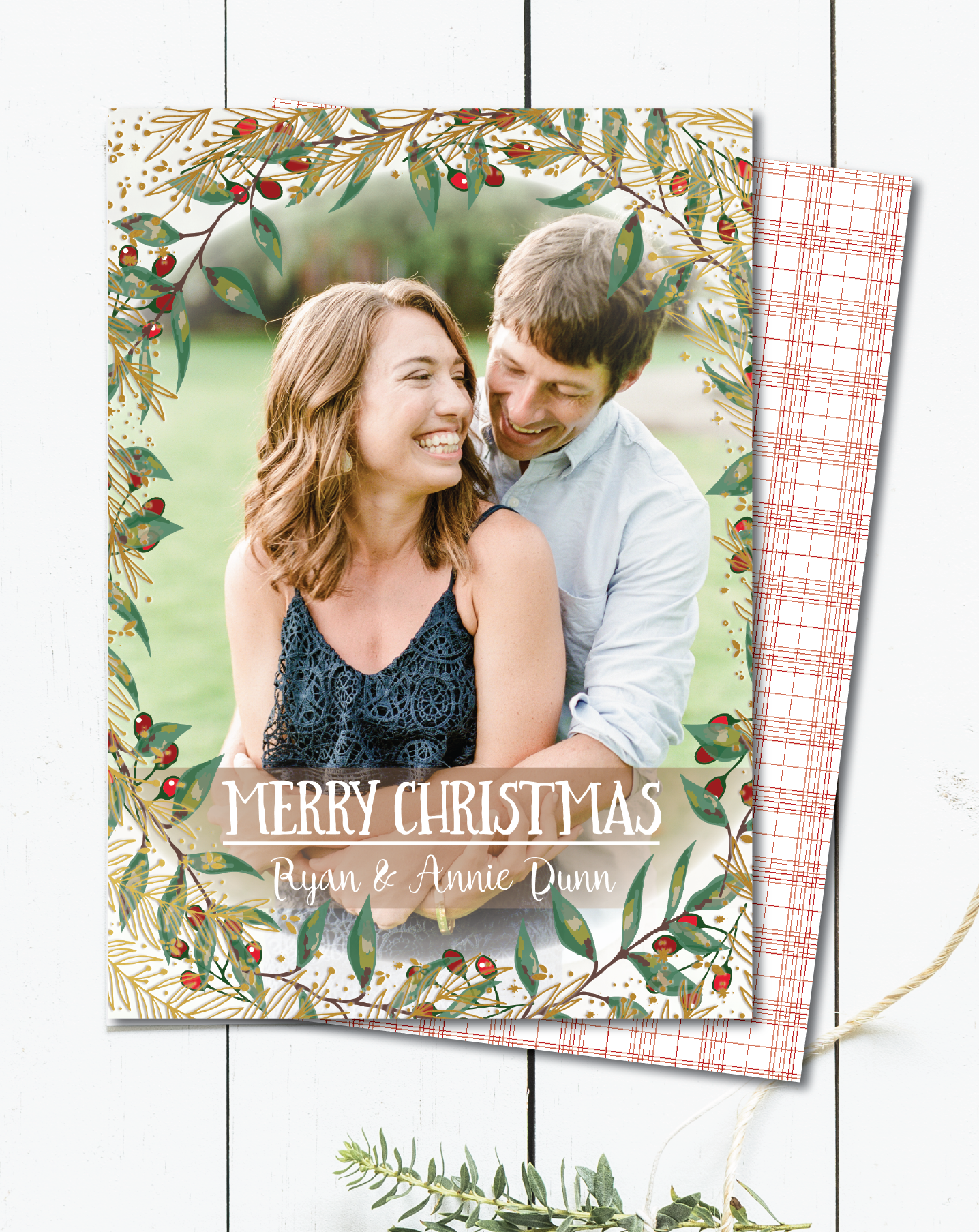 Gold Foil Garland & Berries Christmas Card, Holiday Card