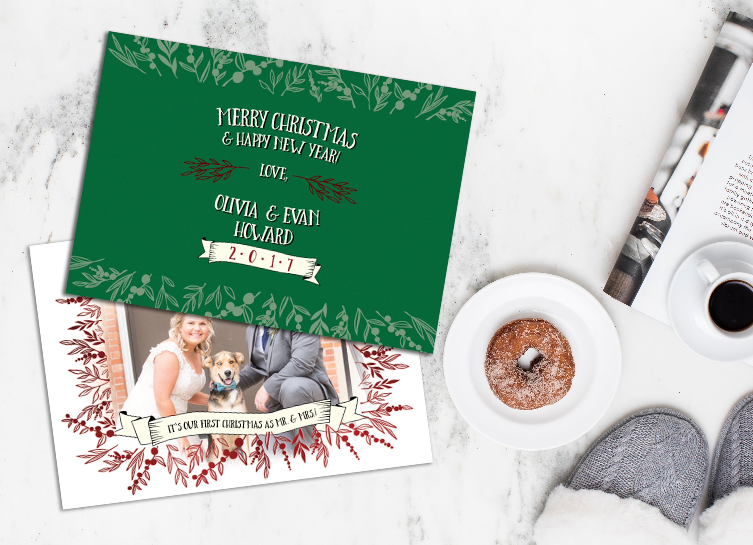 Red Foil Christmas Berries Holiday Card, First Christmas as Mr. & Mrs.