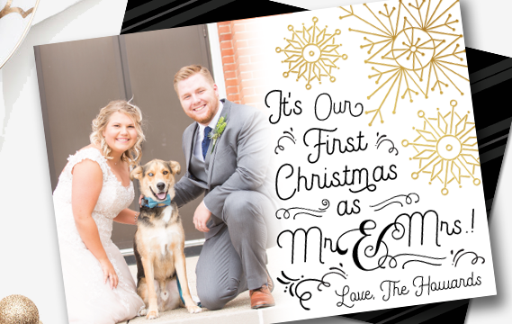 First Christmas as Mr. & Mrs. Gold Foil Snowflake Holiday Card