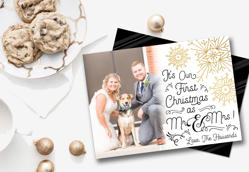 First Christmas as Mr. & Mrs. Gold Foil Snowflake Holiday Card