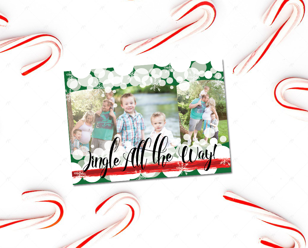 Jingle All the Way Green and Red Christmas Card with Snowflakes