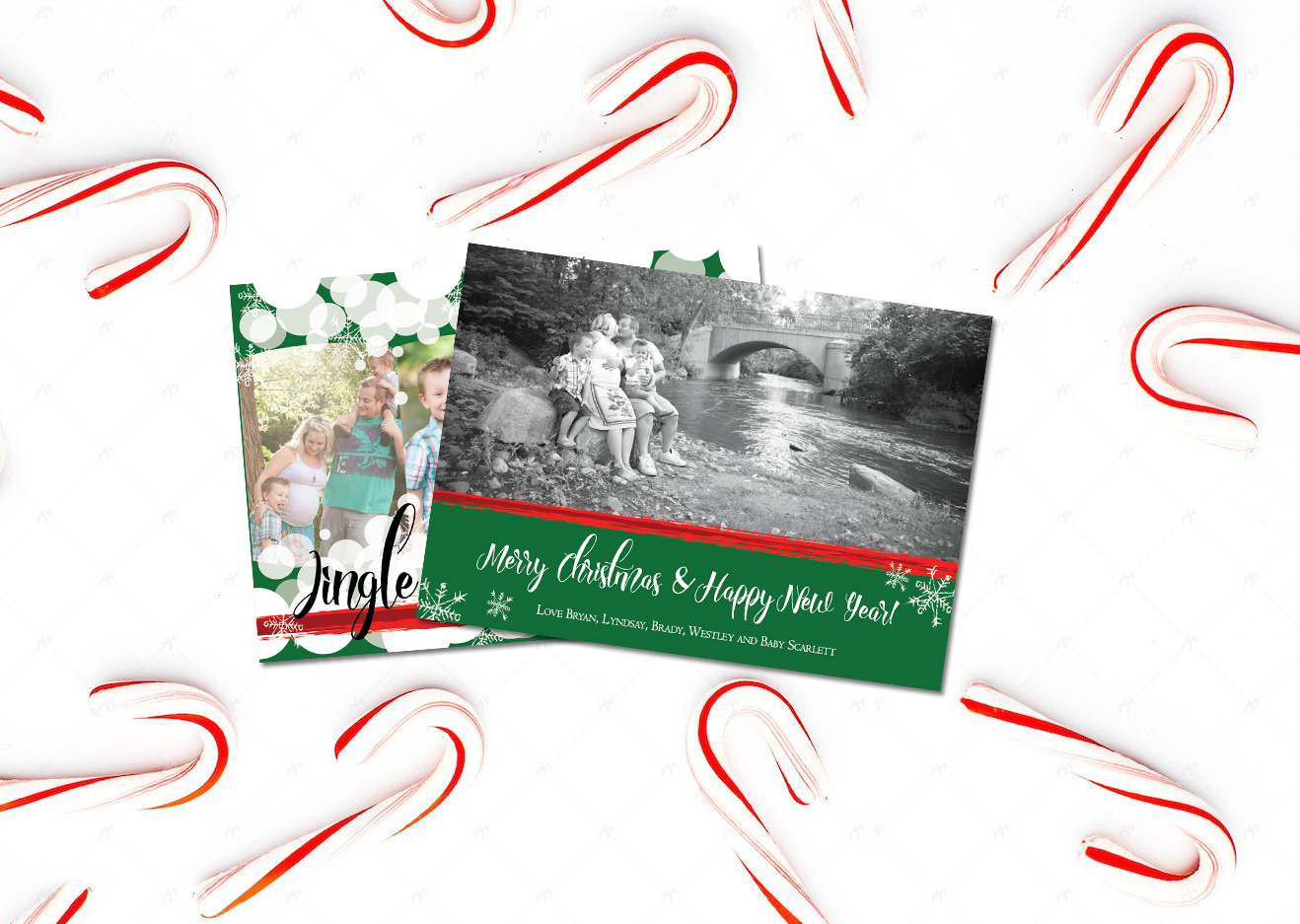 Jingle All the Way Green and Red Christmas Card with Snowflakes