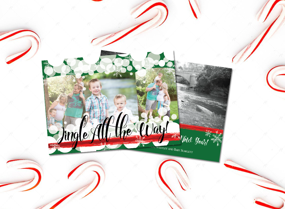 Jingle All the Way Green and Red Christmas Card with Snowflakes