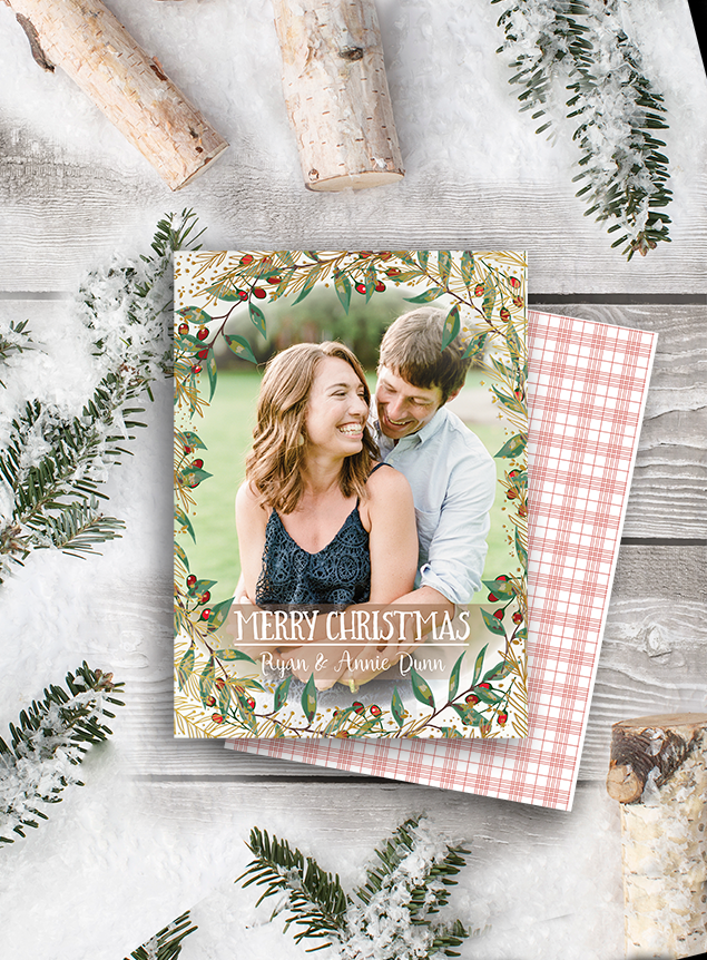 Gold Foil Garland & Berries Christmas Card, Holiday Card