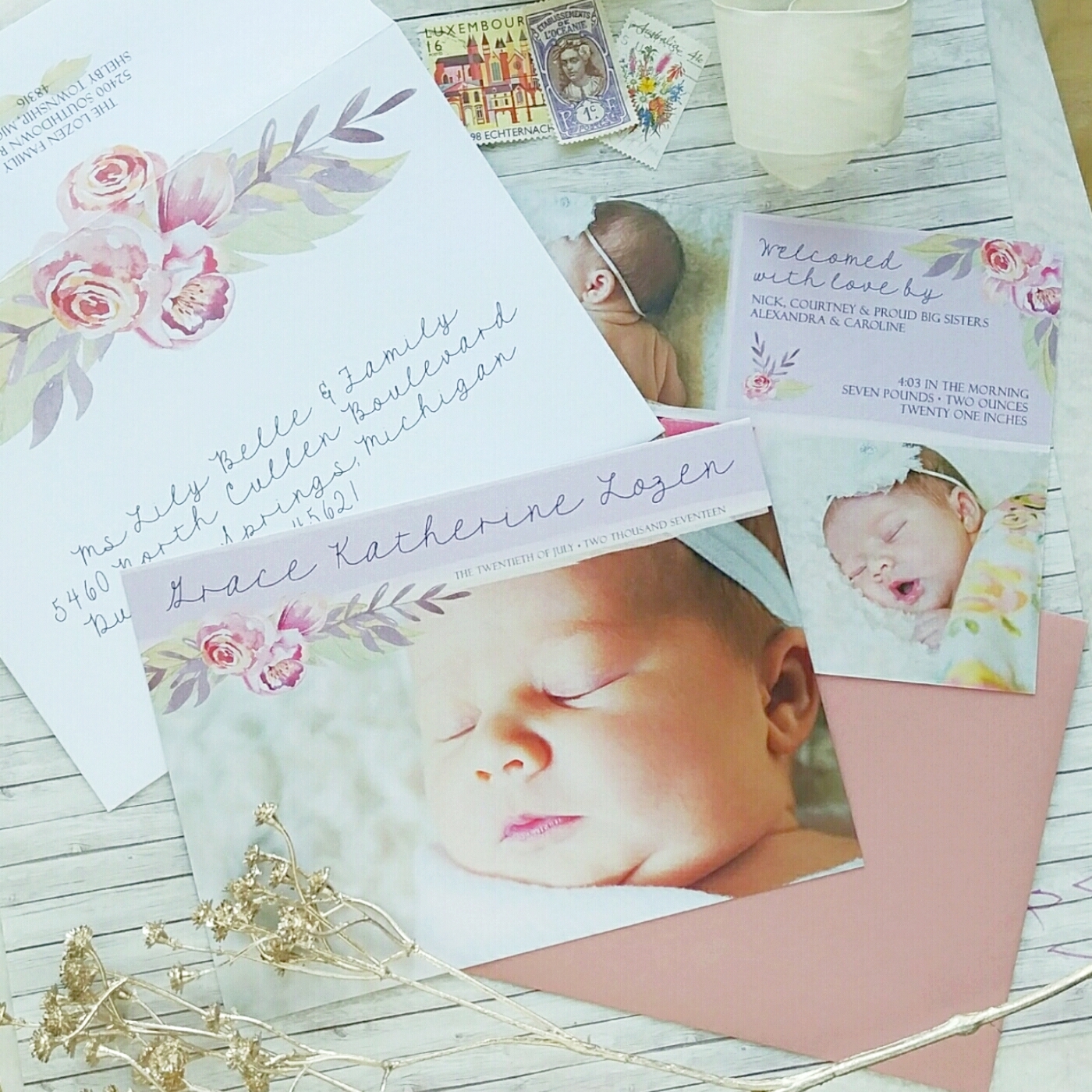 Lavender & Pink Peony Watercolor Floral Birth Announcement