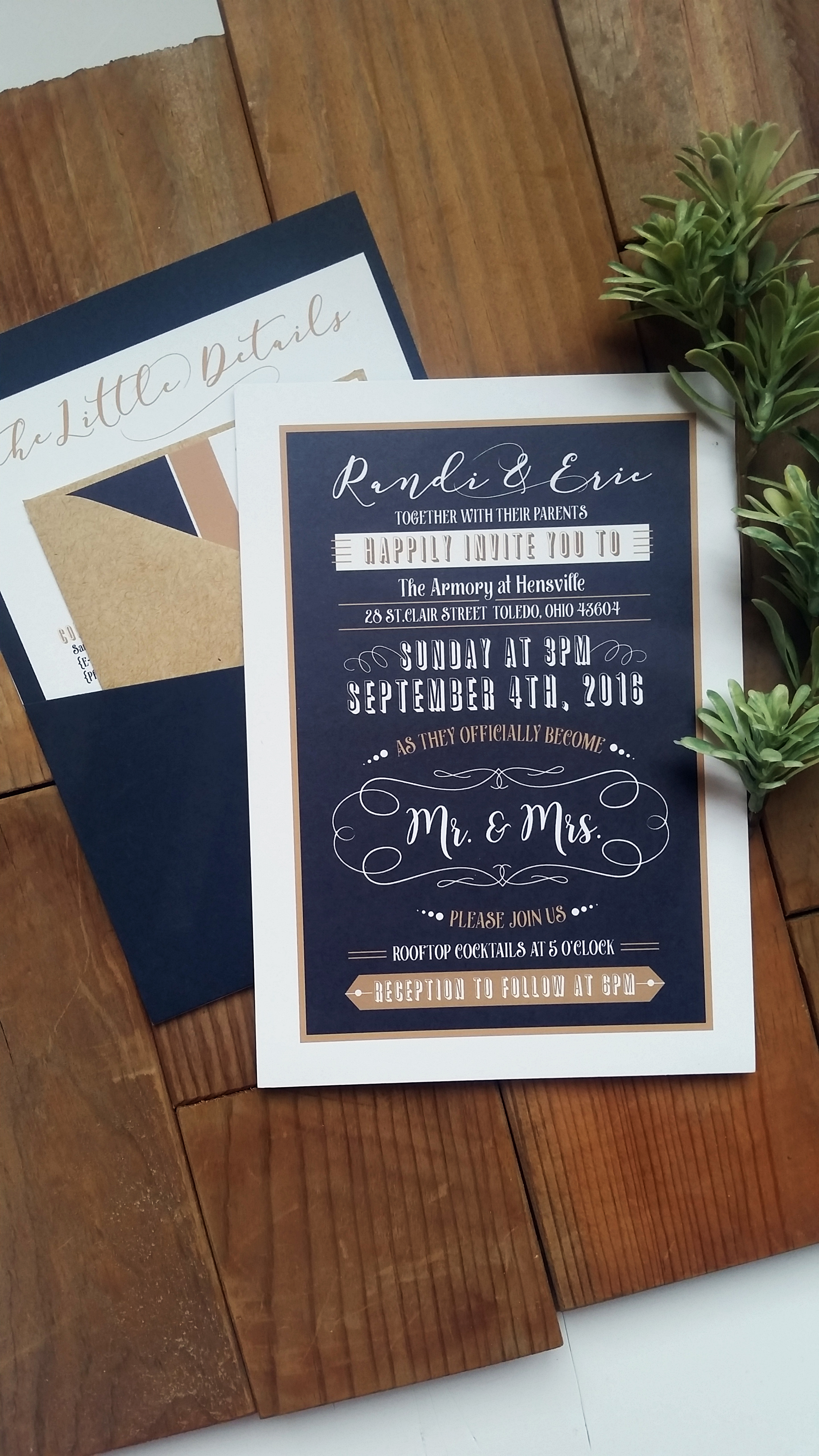 Navy Blue Panel Pocket Fun Wedding Invitation with Custom Map and Insert Cards by Cordial Punch Press
