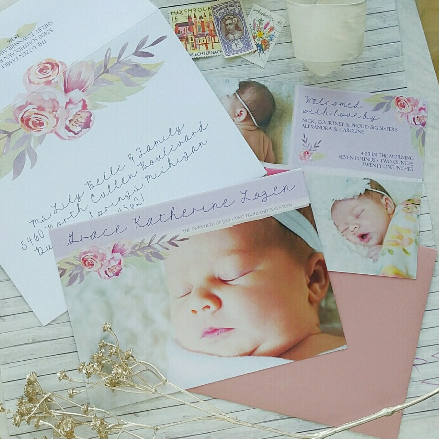 Soft Pink Peony Watercolor Birth Announcement