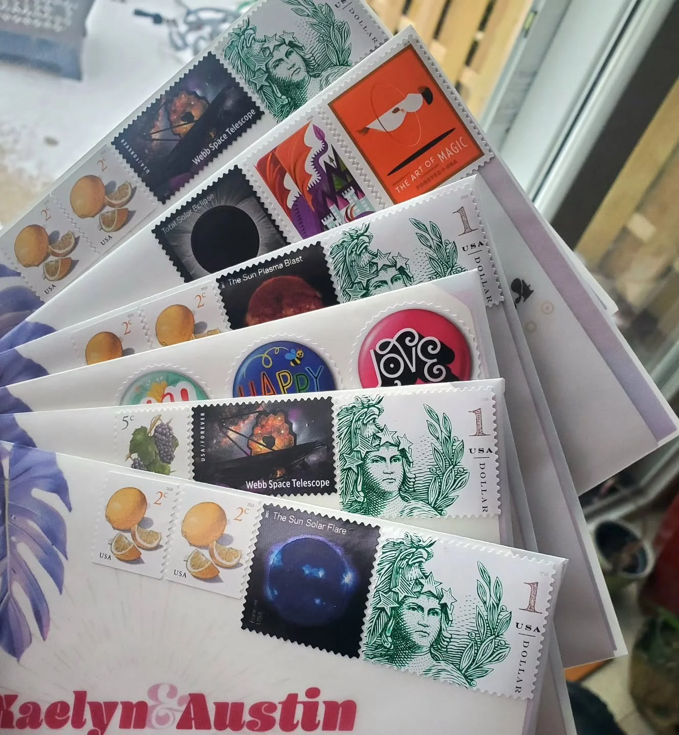 Why use just one stamp when you can use as many as you want? I'm not sure if this delights the @uspostalservice or boils their blood, but I live for it sooooo....#coolstamps #imextra

These were my own wedding invitations so I really did do whatever 