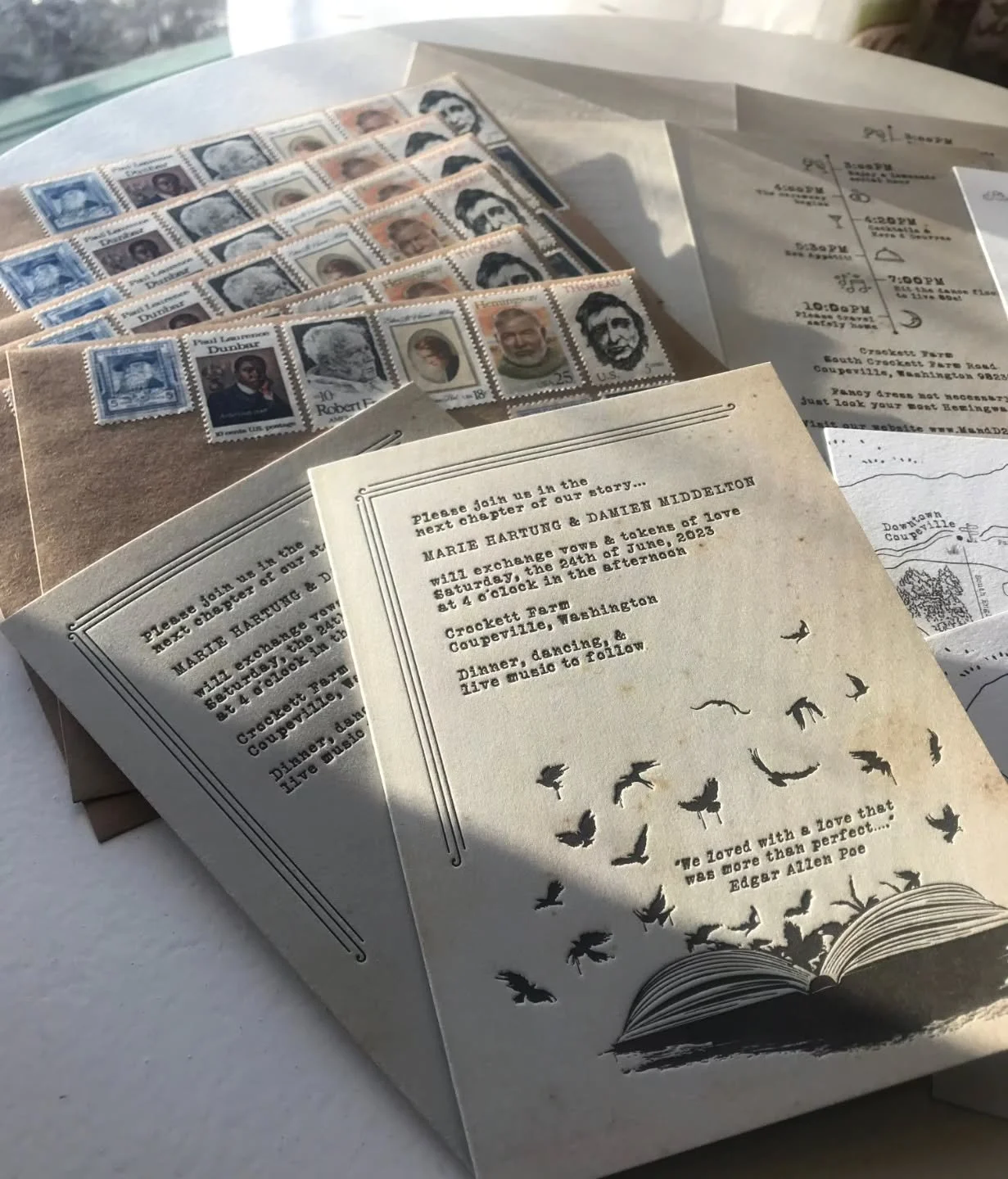 When the bride and groom are both authors and  describe the wedding vibe as &quot;Hemingway-era.&quot;
📖 Charcoal letterpress on faux aged stock
📖 Scratchy authentic typewriter font
📖 Edgar Allen Poe quote and ravens (of course)
📖 Booklet style f