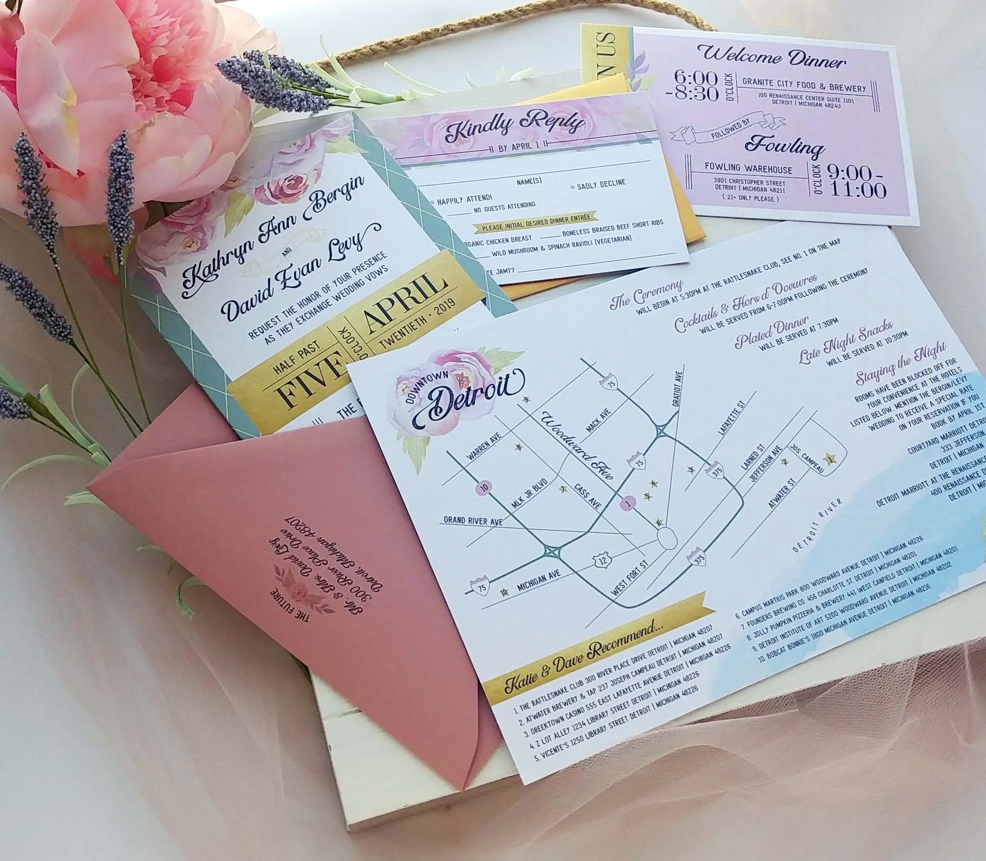 Pink Watercolor Peony Booklet Wedding Invitation Suite