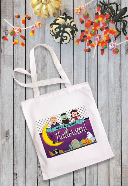 Spooky Halloween Trick or Treating Tote Bag with Frankenstein, Vampire, Ghost, for Kids