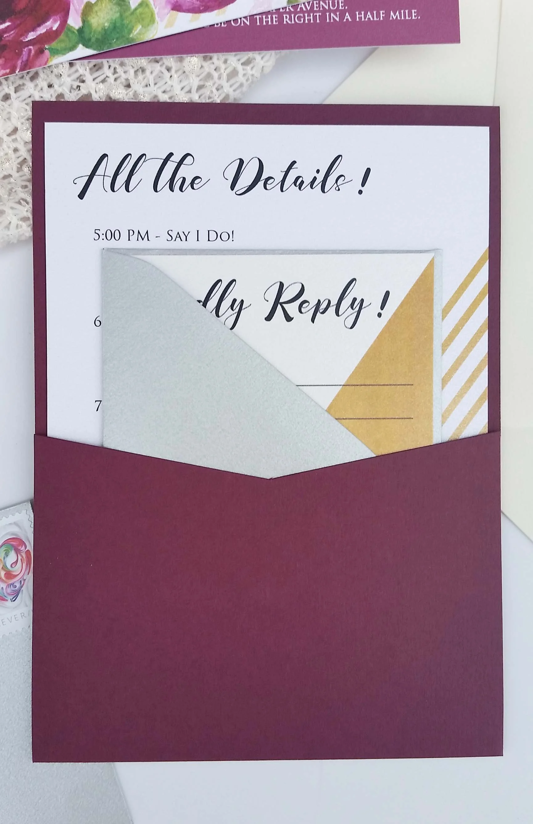 Burgundy Watercolor Floral Panel Pocket Wedding Invitation — Cordial ...