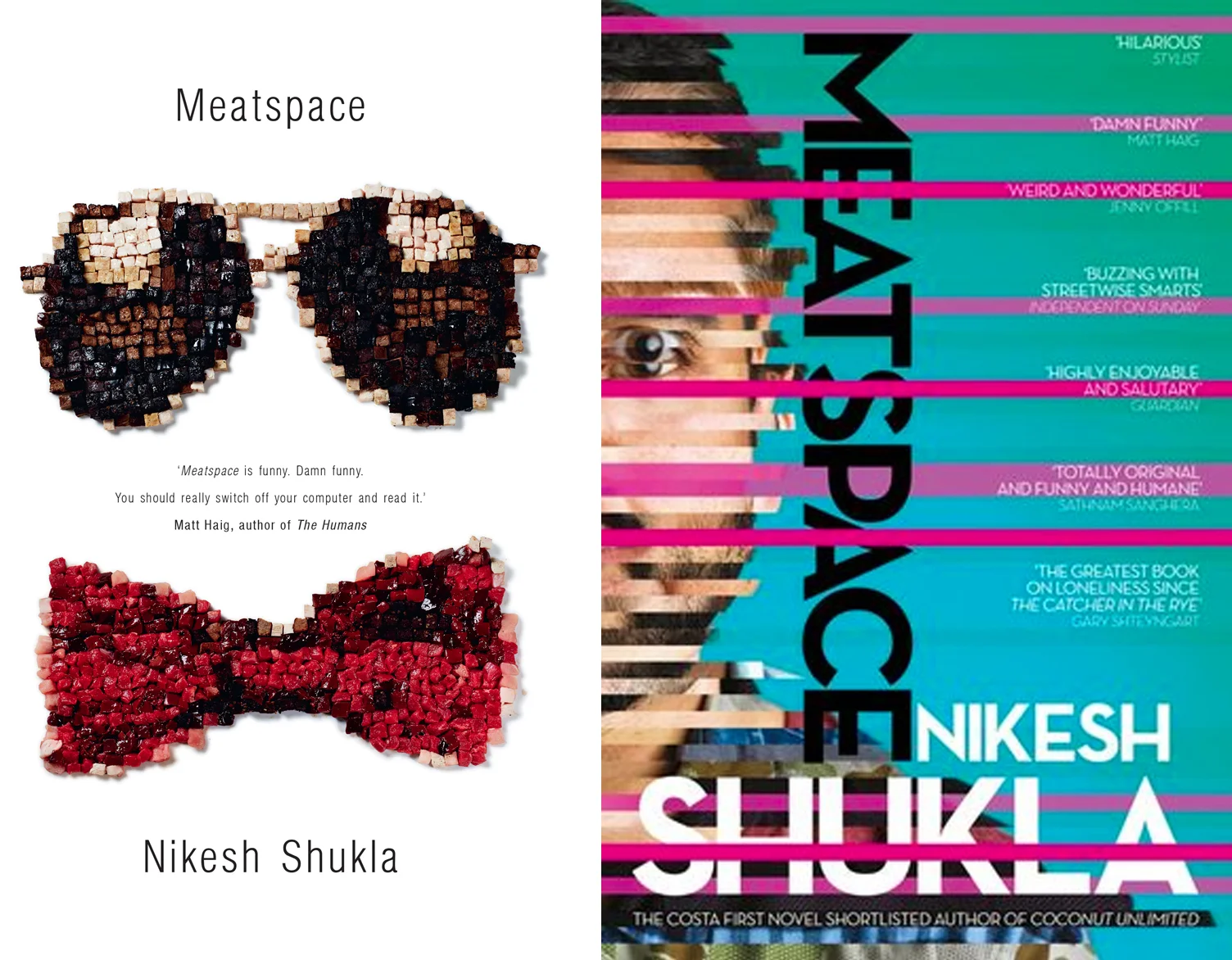 The two variant covers for Nikesh Shukla's 'Meatspace'