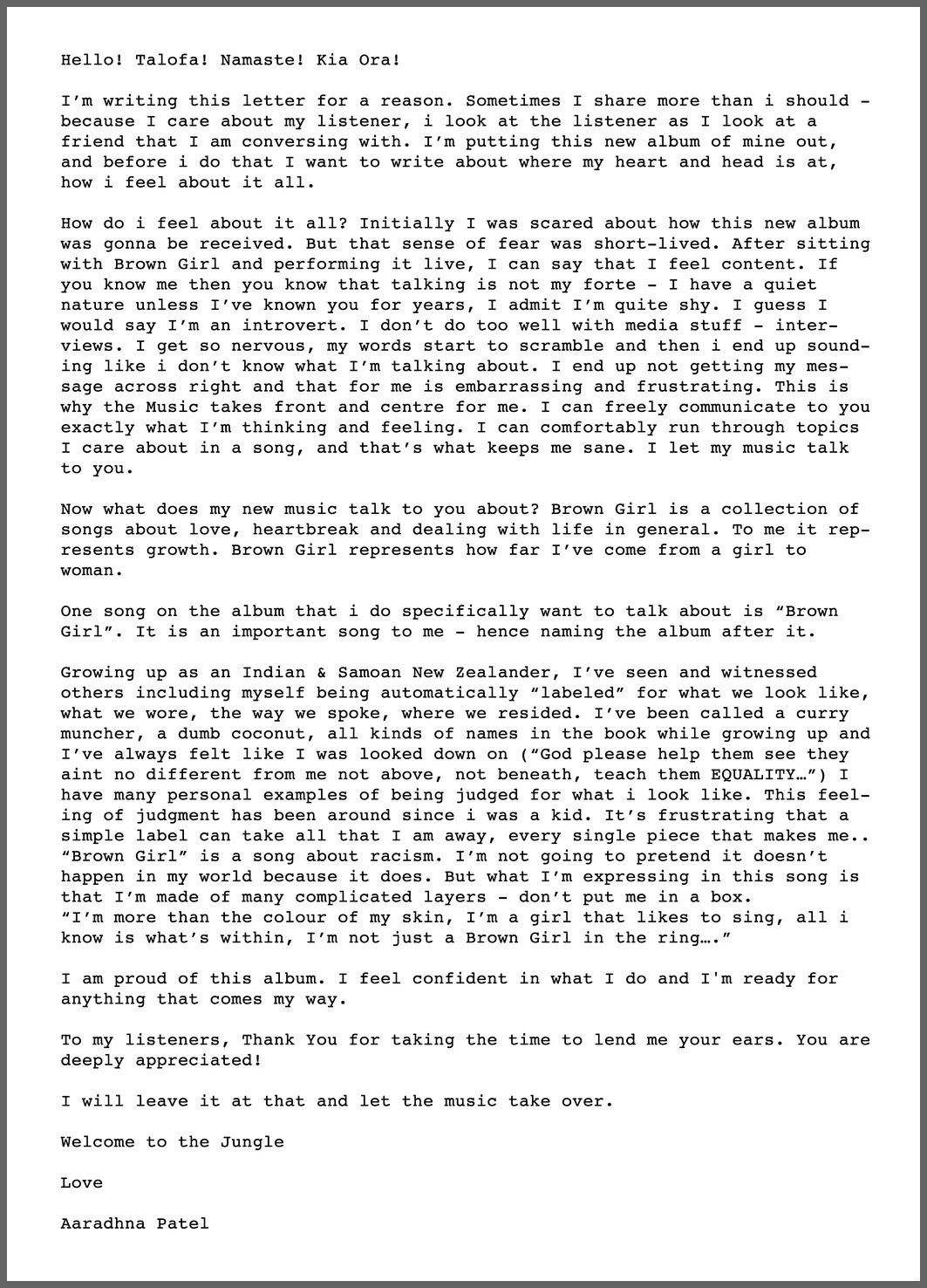 An open letter from Aaradhna to her fans