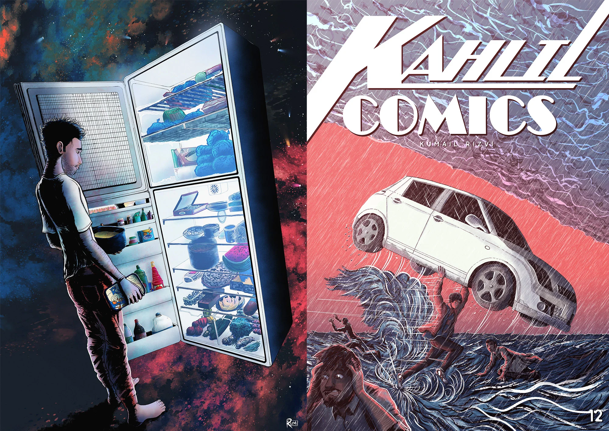 Left, Kumail's piece for BOBBA Exhibition Right, the cover of Kumail's comic book Kalil