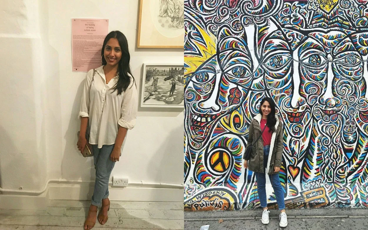Left, Nikita standing by her essay that inspired the exhibition. Right, Nikita in Berlin