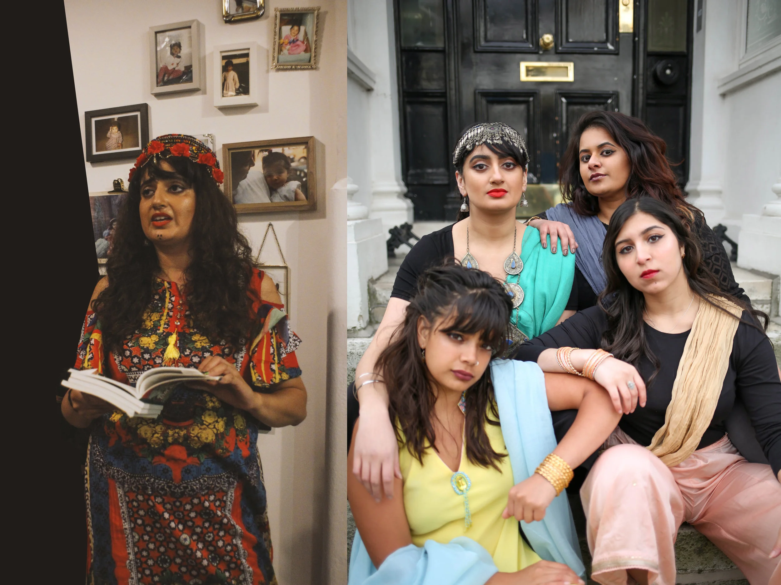 Left, Shagufta performing spokem word on the launch part of the BOBBA Exhibition. Photo credit: Joe Fetta Right, the Yoniverse Collective (bottom left, clockwise) Shareefa Energy, Shagufta Iqbal, Afshan D'souza-Lodhi, Amani Saeed. Photo credit: Kiran Gidda