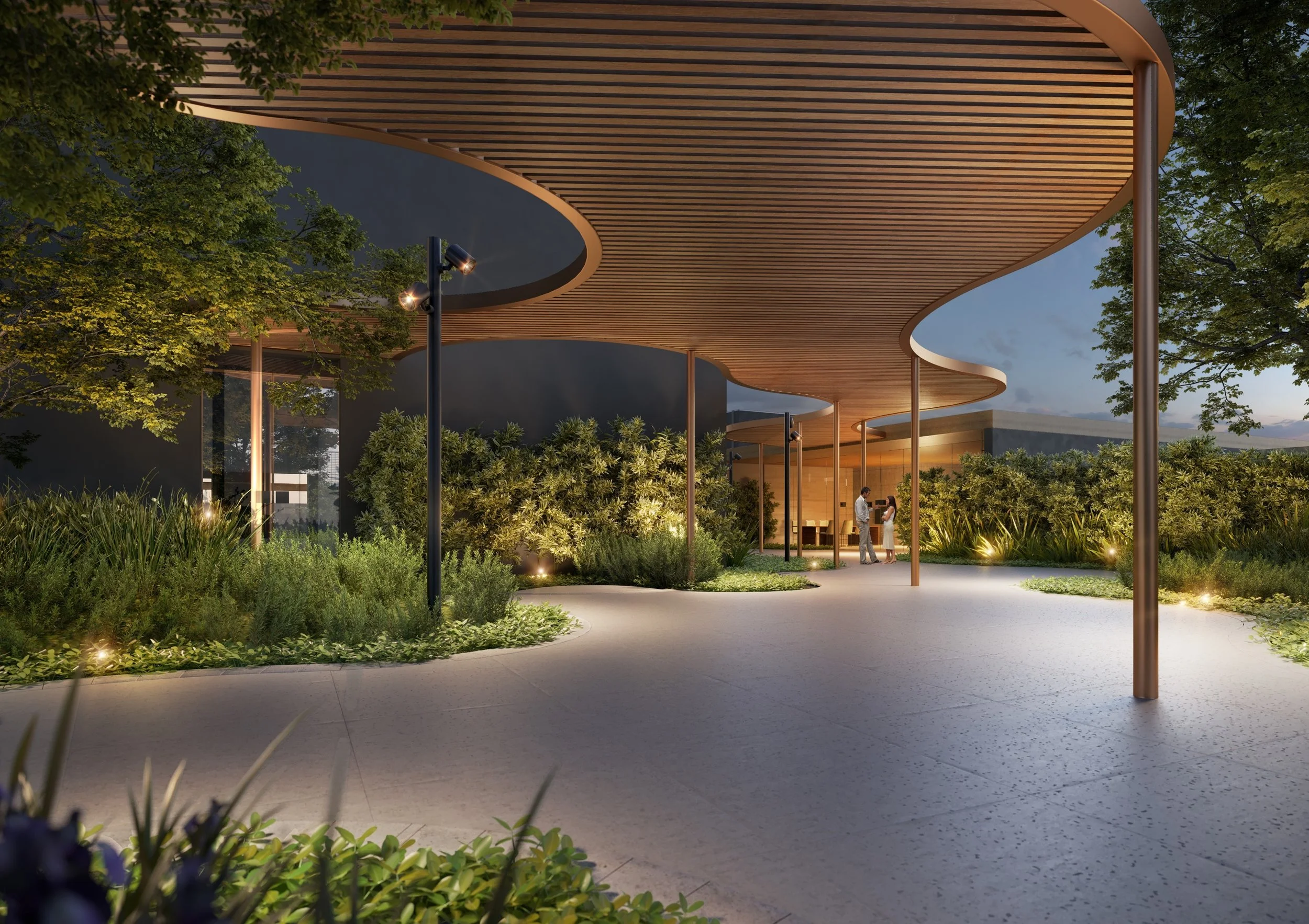  SINUOSIDADE...  traçado busca a curva para expandir os limites do terreno e criar refúgios.  ELEGÂNCIA E NATURALIDADE...  sobriedade dos materiais dão protagonismo à paisagem natural e à paisagem criada. 