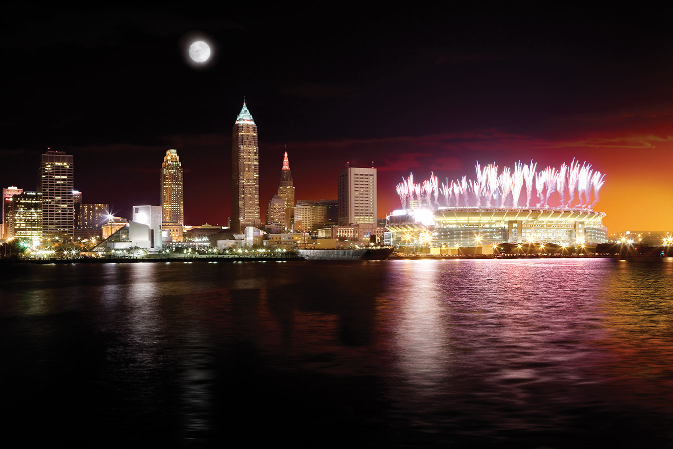 TRG image of downtown Cleveland at night with fireworks. 