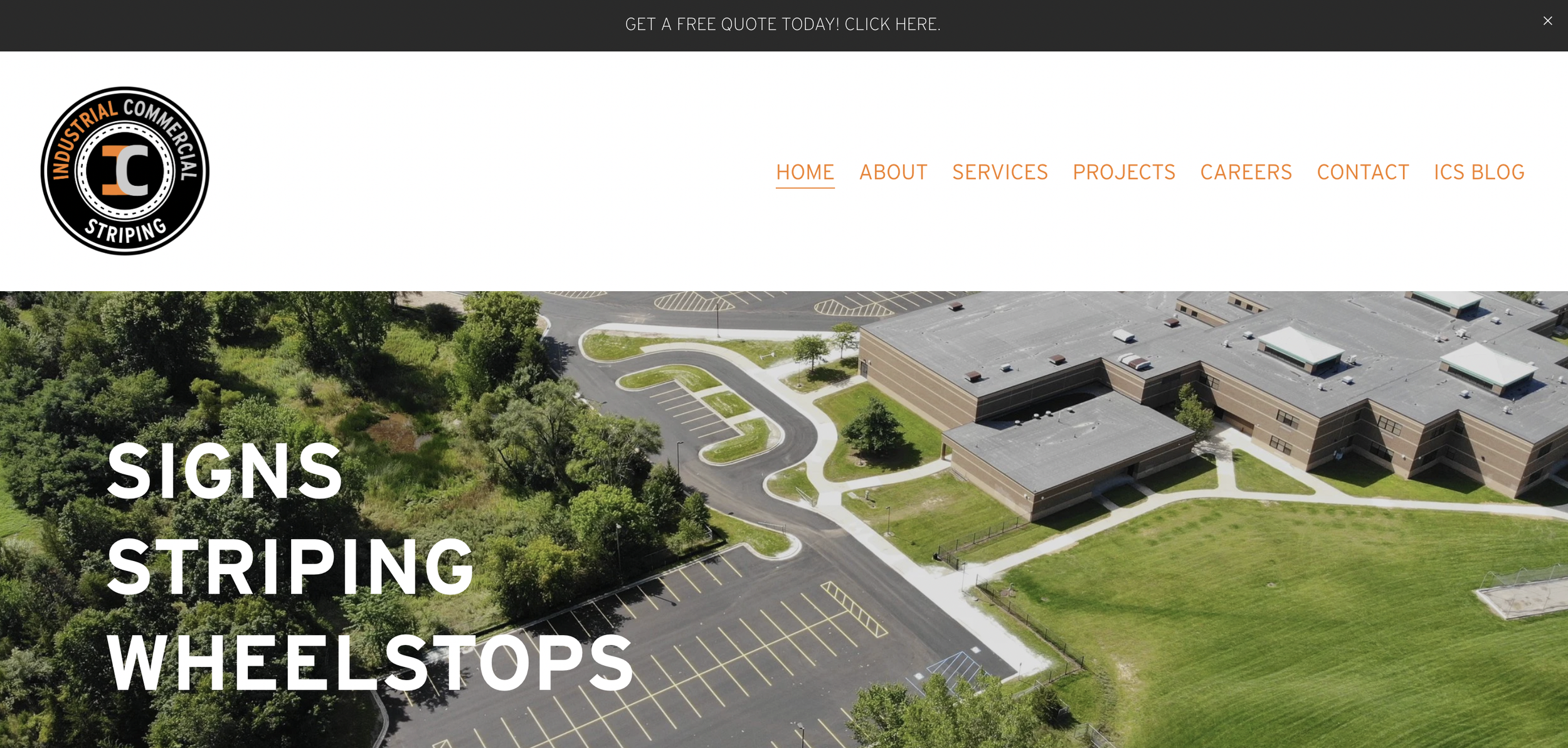 Website homepage for industrial commercial striping with an aerial view of a parking lot, a white truck filled with tools, and the company logo on the top left corner.