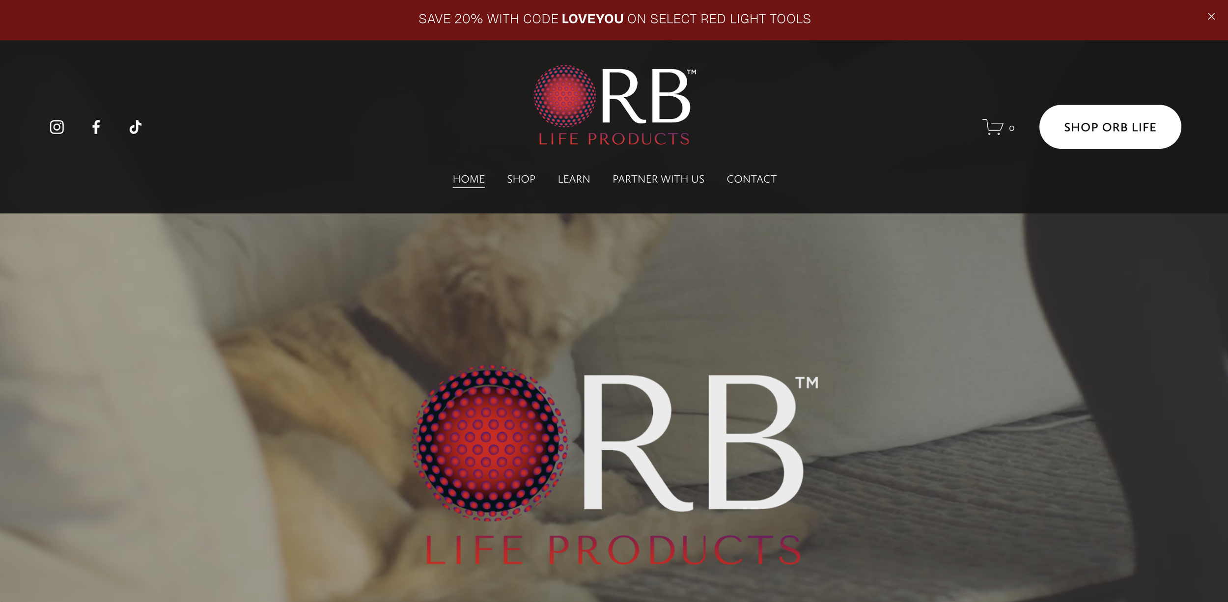 Homepage screen of RB Life Products website featuring a cosmic background with a stylized red and purple globe, large white text 'RB,' and smaller pink text 'LIFE PRODUCTS,' with a navigation menu and shopping cart icon at the top.