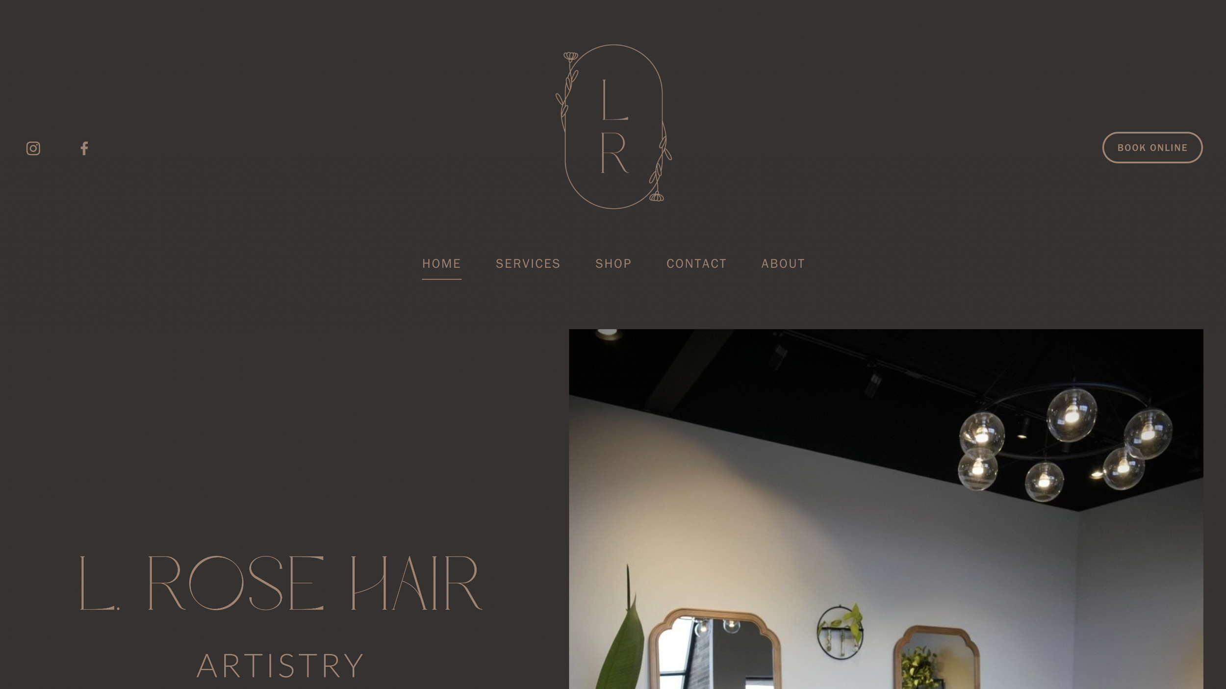 A website homepage for L. Rose Hair Artistry features a dark background, elegant logo with floral design, and a photograph of a modern interior room with ceiling lights and mirrors.