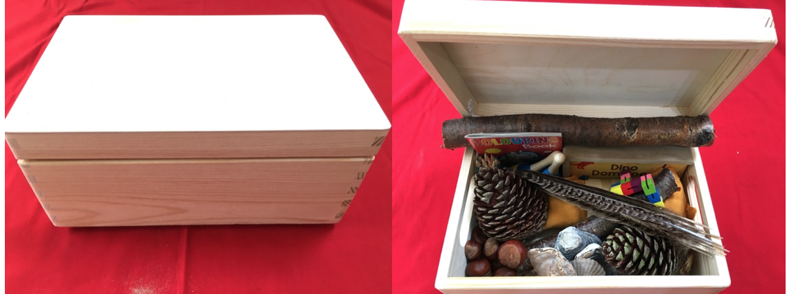 closed box on left and opened filled box