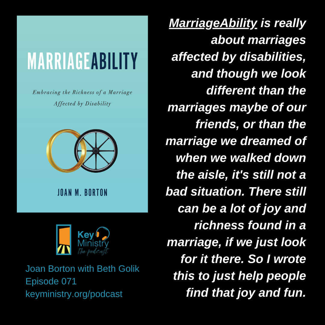 Image of MarriageAbility book cover, with a quote from Joan within the podcast about why she wrote the book.